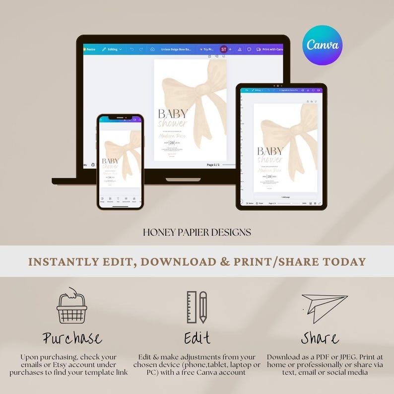May include: A digital baby shower invitation template displayed on a laptop, tablet, and phone. The design features a beige bow and the words "Baby Shower." Instructions for editing, downloading, and sharing are also included.