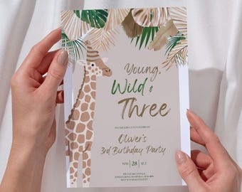 Young Wild and Three Birthday Invitation Editable Template, Safari Third Birthday Invite, Jungle Third Birthday Evite, Digital Download
