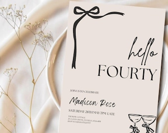 Plantilla de invitación de cumpleaños de "Hola Cuarenta", editable, minimalista, con lazo, elegante, para cualquier edad.