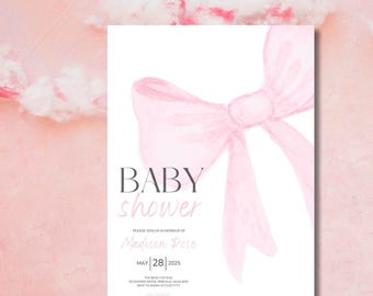 Plantilla editable de invitación para baby shower con lazo rosa, invitación para baby shower con lazo para niñas, baby shower de niña con coqueta rosa, descarga digital, imprimible