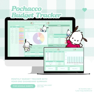 May include: A digital budget tracker template featuring a cartoon dog character named Pochacco. The template includes a monthly budget tracker, a year-end dashboard summary, and a budget summary section. The template is designed for Google Sheets and includes 12 monthly tabs and a year-long dashboard.