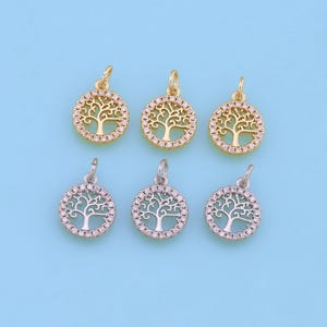 18K Gold Filled Tree of Life Pendant,CZ Micro Pave Tree Charm Bracelet Necklace for DIY Jewelry Making Supply