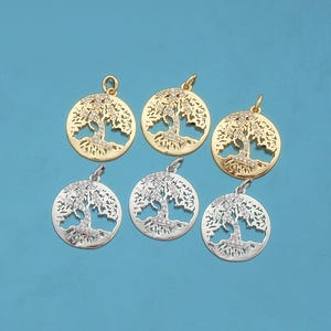18K Gold Filled Tree of Life Pendant,CZ Micro Pave Tree Charm Bracelet Necklace for DIY Jewelry Making Supply