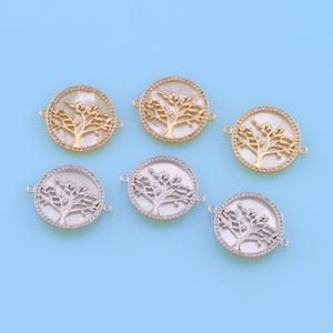 18K Gold Filled Shell Tree of Life Connector,CZ Micro Pave Tree Charm Bracelet Necklace for DIY Jewelry Making Supply
