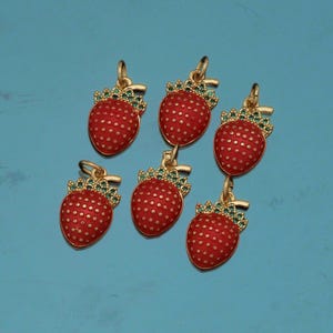 18K Gold Filled Strawberry Pendant,Enamel Fruit Charm Bracelet Necklace for DIY Jewelry Making Supply