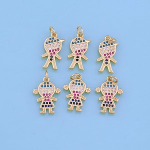 18K Gold Filled Boy Girl Pendant,CZ Micro Pave Boy Girl Charm Bracelet Necklace for DIY Jewelry Making Supply