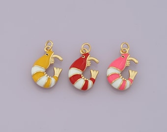 18K Gold Filled Enamel Shrimp Pendant,Ocean Charm Bracelet Necklace for DIY Jewelry Making Supply