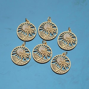 18K Gold Filled Palm Tree Pendant,CZ Micro Pave Sun Charm Bracelet Necklace for DIY Jewelry Making Supply