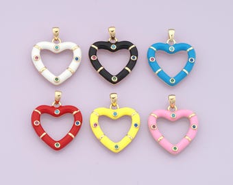 May include: Six heart-shaped pendants in various colors: white, black, blue, red, yellow, and pink. Each pendant has a gold-colored bail and is adorned with small, colorful gemstones. The pendants are suitable for jewelry making.