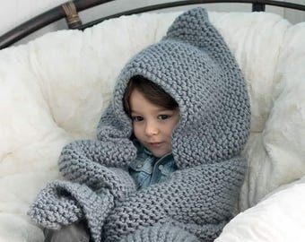 Easy Kids Hooded Blanket Knitting Pattern