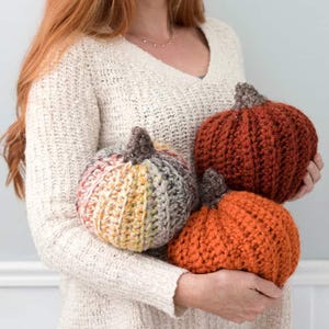 May include: Three crocheted pumpkins in shades of orange, rust, and multicolored yarn. The pumpkins have brown stems and are held in a person's hands. The pumpkins are a fall-themed decorative item.