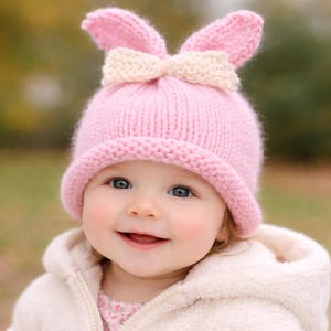 Pode incluir: Um bebé a usar um chapéu rosa de malha com orelhas de coelho e um laço creme. O bebé também está a usar um casaco branco e a sorrir. O fundo está desfocado, com tons de verde e castanho.
