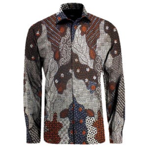 May include: A long-sleeve button-down shirt featuring a complex batik-style pattern in shades of brown, navy blue, white, and orange. The design consists of intricate geometric shapes, swirling leaf-like motifs, and small floral accents throughout.