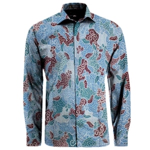 Limited Edition One Madura Hand-Written Batik Shirt, Men&#39;s Long-Sleeved Batik Shirt, Navy Blue Shof Color, Free Shipping