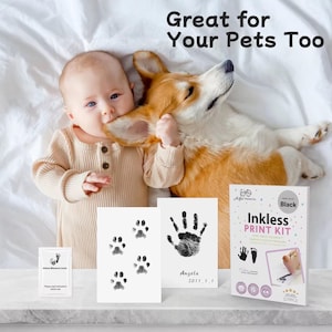 Kit d'impression sans encre haut de gamme pour les mains, les empreintes de pas et les pattes pour bébés, nourrissons et chiens, cadeau parfait pour nouveau-né, souvenir, lingette à encre noire 100 % sans danger pour bébé