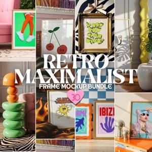 May include: A collection of framed art prints with a retro maximalist theme. The prints showcase diverse designs, such as cherries, a sun with flames, and abstract shapes. The frames are in gold and orange.