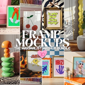 Op de afbeelding: Een verzameling van 30 frame mockups met verschillende kleurrijke en abstracte ontwerpen. De mockups worden getoond in verschillende omgevingen, waaronder een roze fauteuil, een geruite vloer en een zebraprint tapijt. De tekst "FRAME MOCKUPS" en "THE MAXIMALIST MASHUP BUNDLE" wordt weergegeven in vetgedrukte, witte letters.