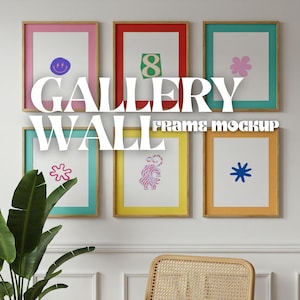 May include: A gallery wall mockup with six frames in various colors and designs. The frames are arranged in a grid pattern on a white wall. The frames contain different images, including a smiley face, the number 8, a flower, a star, a tiger, and a cloud. The text "GALLERY WALL Frames Mockup" is written in white letters on the wall.