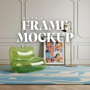 May include: A retro frame mockup with a picture of three women in a colorful setting. The frame is on a blue and white rug with a clear green inflatable chair in the foreground. The text "RETRO FRAME MOCKUP" is displayed above the frame.