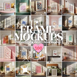 100 Vertikale Rahmen Mockups Bündel | DIN A Ratio PSD & JPEG | Hochauflösender Smart Objekte Wand Mockup Rahmen | Trendiges Basics Bundle