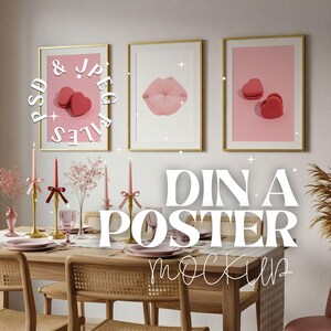 May include: A dining room scene with three framed posters featuring pink heart and lip designs. The table is set with pink plates, candles, and a floral centerpiece. The text "DINA POSTER mockup" is visible.