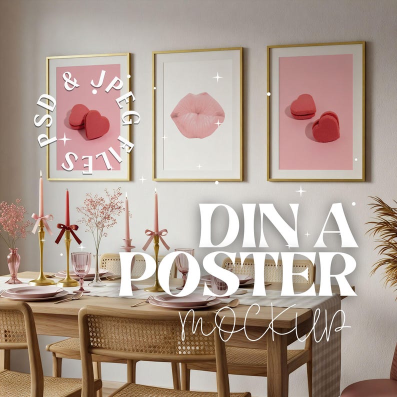 May include: A dining room scene with three framed posters featuring pink heart and lip designs. The table is set with pink plates, candles, and a floral centerpiece. The text "DINA POSTER mockup" is visible.