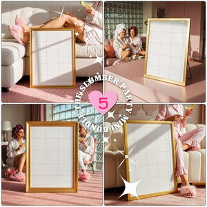 Pode incluir: Um conjunto de cinco placas em branco com moldura dourada e um padrão de grade rosa. As placas estão dispostas em uma colagem com um coração rosa com o número 5 no centro. O texto "The Slumber Party Mini Bundle" está escrito ao redor do coração.