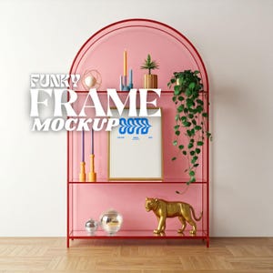 May include: A pink shelf unit with a gold frame, a gold tiger statue, and a disco ball. The shelf unit has a white frame with the text "FUNKY FRAME MOCKUP" in blue and white letters. The shelf unit is against a white wall.