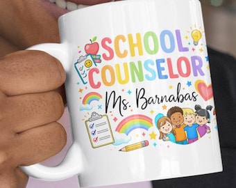 Personalized School Counselor Mug, Rainbow Teacher Gift For Women, Custom Name Coffee Cup, End Of Year Appreciation Gift For Counselor
