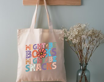 Might Be Books Might Be Snacks tote bag, Floral Typography Canvas Tote, Daily Cotton Canvas Bag, Retro Groovy Tote Bag, Modern Boho Style