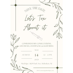 May include: Save the date for a Botox event at a Med Spa. The event includes complimentary consultations, giveaways, champagne, and light bites. The event will be held on Sunday, May 14th, 2025 from 12 to 4 PM at 1629 Park Ave. Hoboken, NJ.