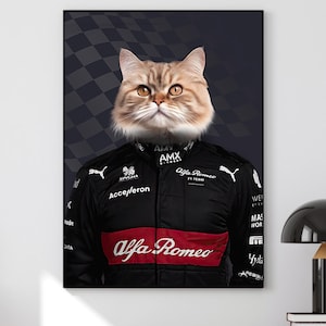 RACER KITTY PORTRAIT Racer Pet Portrait, Car Lover Wall Art, Custom Pet Portrait, Funny Pet Gift Racer, Personalized Christmas Pet Portrait