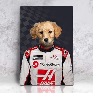 RACER PUPPY PORTRAIT Racer Pet Portrait, Car Lover Wall Art, Custom Pet Portrait, Funny Pet Gift Racer Costume Poster, Digital Printable Art