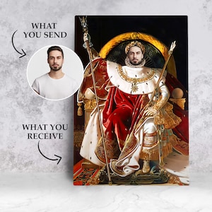 May include: A digital painting of a person in a royal setting. The person is wearing a red and white robe, a gold crown, and a gold necklace. They are sitting on a gold throne with a scepter in their hand.