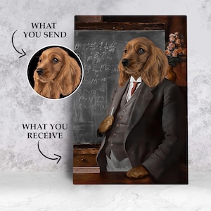 May include: A digital painting of a dog dressed in a suit and tie, standing in front of a chalkboard with mathematical equations. The dog is looking at the camera with a serious expression. The painting is in a vintage style.