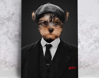May include: A small dog wearing a black suit, a white shirt, a black tie, and a gray newsboy cap. The dog is looking directly at the camera.
