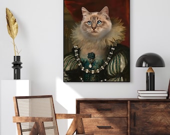 May include: A digital painting of a cat dressed in a royal gown with a pearl necklace. The cat has blue eyes and a white chest. The background is a dark red color.