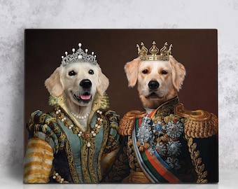 May include: A canvas print featuring two Golden Retrievers dressed in regal attire. One dog wears a jeweled crown and a gown, the other a gold crown and military uniform. The background is a dark brown with a marble-like texture.