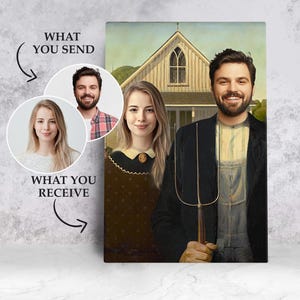 Custom AMERICAN GOTHIC FAMILY Portrait, Couple Portrait, Funny Gift, for Birthday, Unique Portrait Print, Digital Portrait, Man and Woman