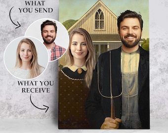 Custom AMERICAN GOTHIC FAMILY Portrait, Couple Portrait, Funny Gift, for Birthday, Unique Portrait Print, Digital Portrait, Man and Woman