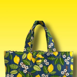 Blue lemon print east west farmers market fabric tote bag