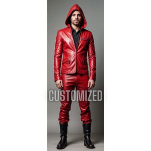Men Handmade Customized Genuine Red Leather Jacket and Pants Set