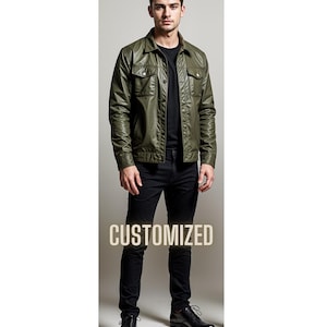 Man Handmade genuine Leather Olive Green Bomber Jacket