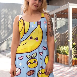 Kawaii Fruit Print Skater Dress – Blue Summer Dress with Cartoon Lemons & Bananas | Cute Sleeveless Outfit for Women or Teens