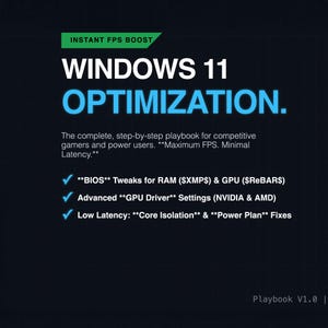 Può includere: Grafica blu scuro con testo "WINDOWS 11 OPTIMIZATION" e "INSTANT FPS BOOST". Descrive un manuale per giocatori competitivi, con ottimizzazioni BIOS, impostazioni driver GPU e correzioni di bassa latenza.