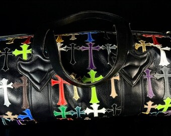 Custom Leather Duffle Bag | Colourful Cross Patch Weekender