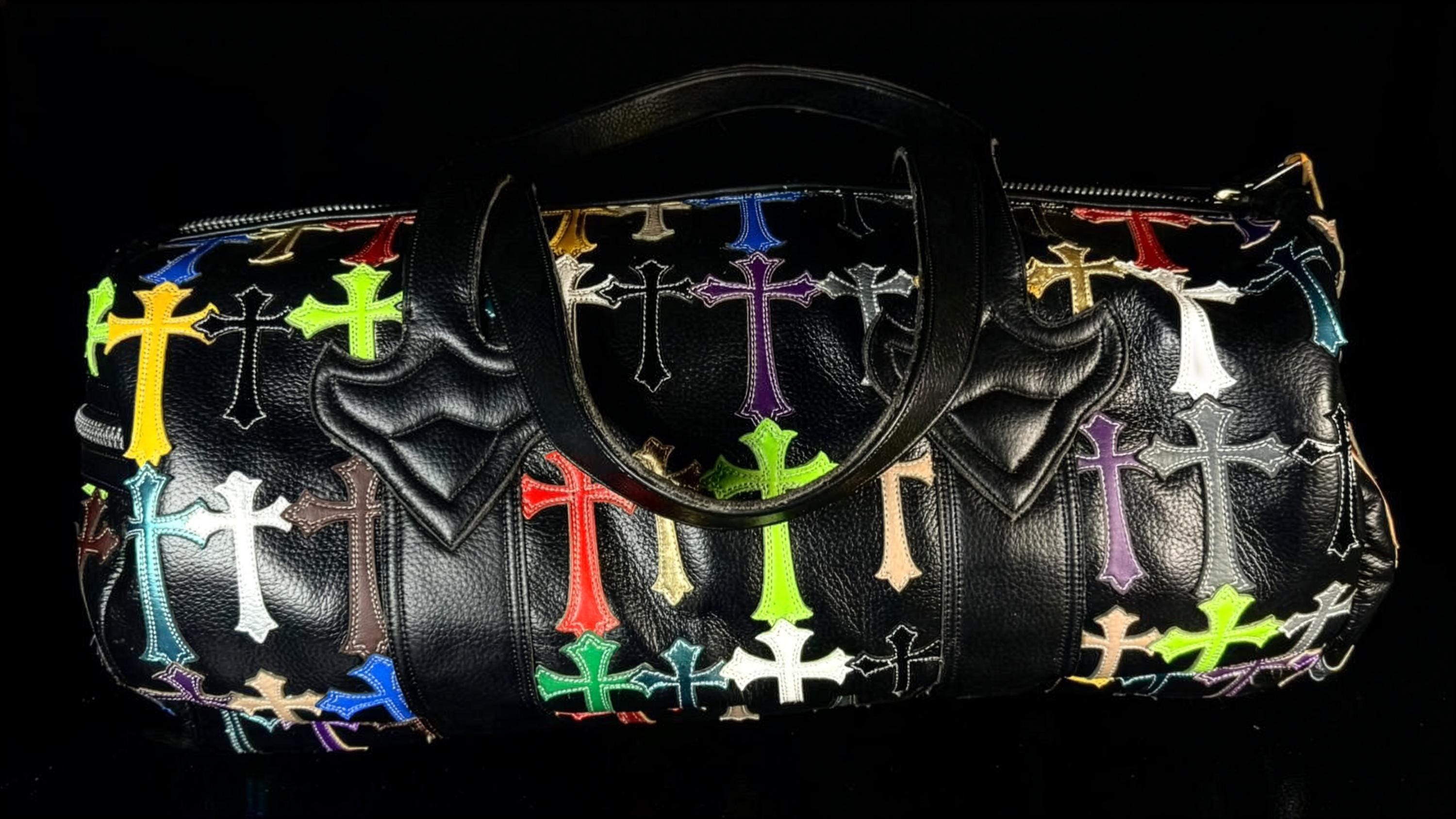 Custom Leather Duffle Bag | Colourful Cross Patch Weekender