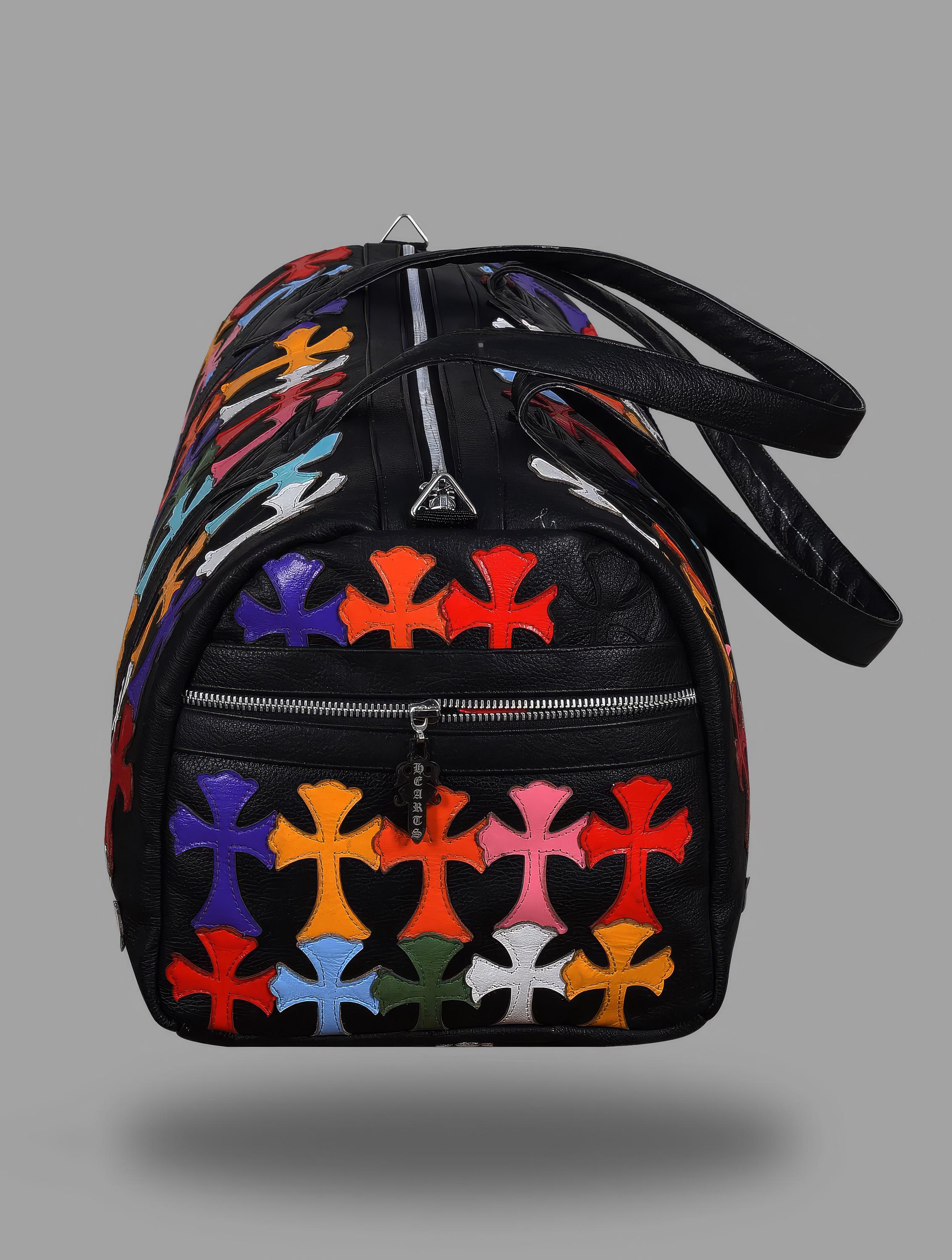 Chrome Heart Leather Duffle Bag With Custom Colorful Cross Patches