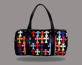 Chrome Heart Leather Duffle Bag with Custom Colorful Cross Patches