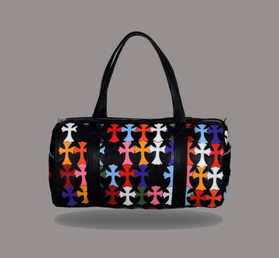 Chrome Heart Leather Duffle Bag With Custom Colorful Cross Patches